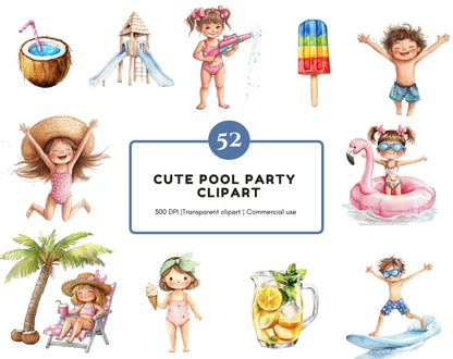 Pool Party Clipart Bundle, Pool Party Clipart png, Cute Pool Party Clipart, Summer Vibes Clipart png, Summer Clipart png