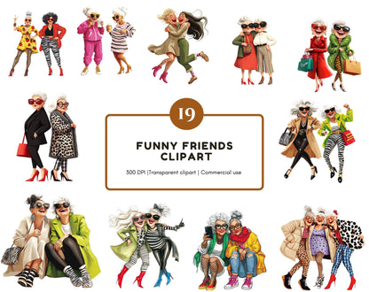 19 Funny Friends Clipart Bundle png, Friends Clipart, Hugging Friends Clipart, Stylish Women Clipart, Best Friends Fashion Clipart