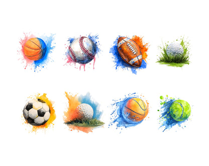 Aquarell-Sportball-Cliparts, Sport-Clipart-Bundle (PNG), Basketball-Cliparts, Fußball-Cliparts, Football-Cliparts, Baseball-Cliparts