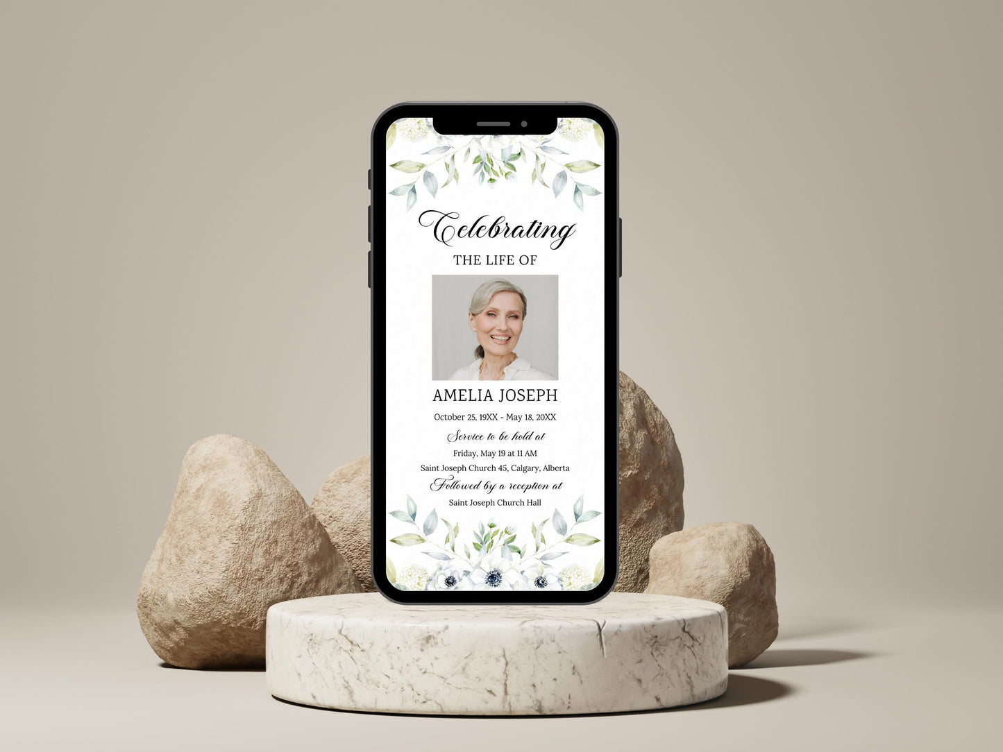 Digital Funeral Program Template: Mobile Memorial Service Announcement (Canva Template)