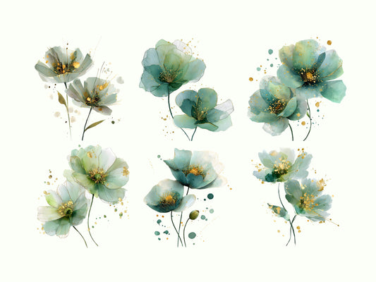 Green Flower Clipart Bundle png, Watercolor Green Flower Clipart, Saga Green Floral Clipart, Abstract Green Floral Clipart, Mint Green png