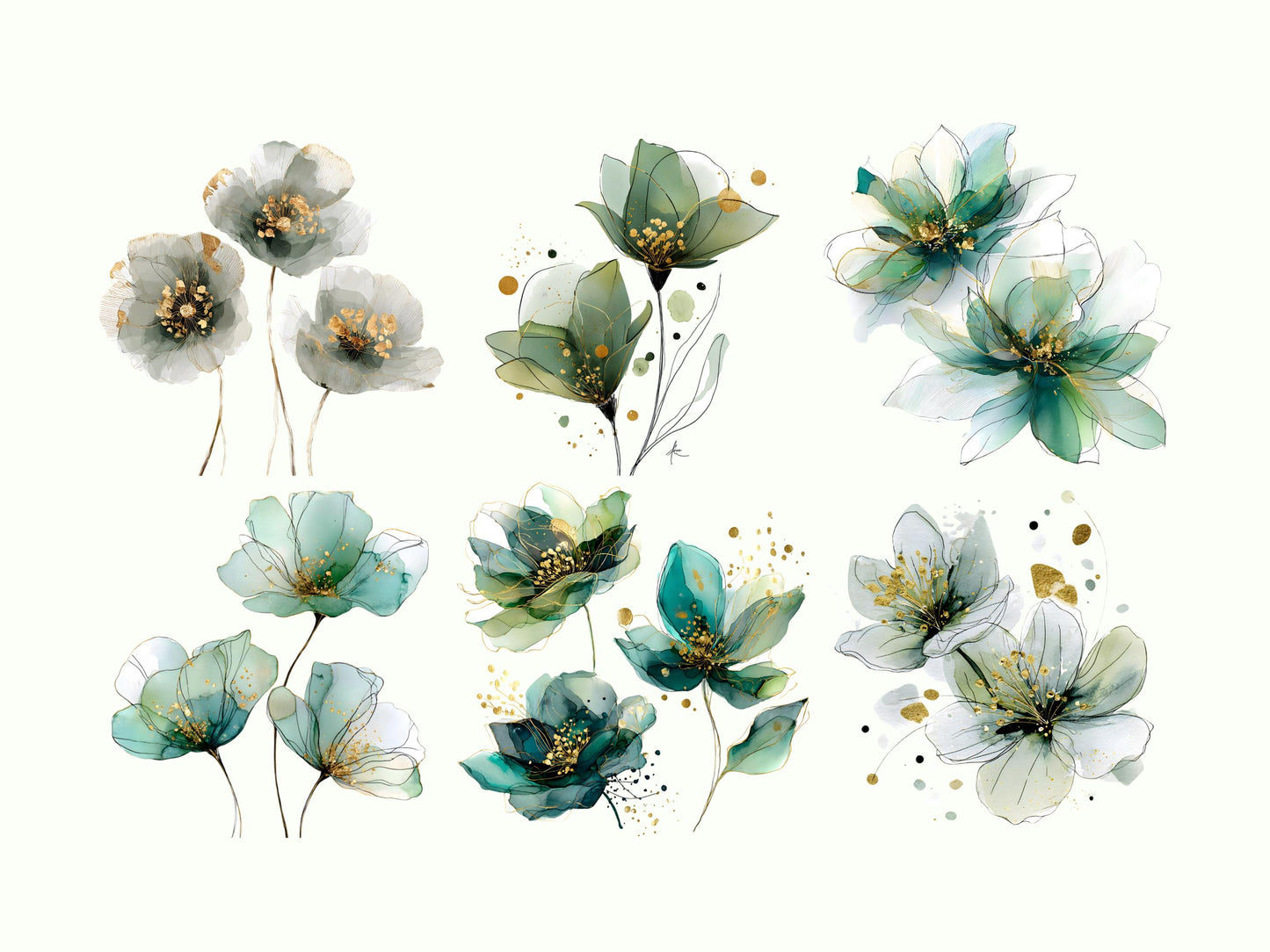 Grüne Blumen-Clipart-Sammlung (PNG), Aquarell-Clipart grüner Blumen, Saga-Clipart grüner Blumen, abstrakte Clipart grüner Blumen, mintgrüne Clipart (PNG)