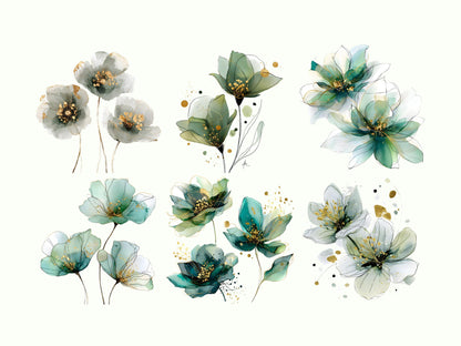 Grüne Blumen-Clipart-Sammlung (PNG), Aquarell-Clipart grüner Blumen, Saga-Clipart grüner Blumen, abstrakte Clipart grüner Blumen, mintgrüne Clipart (PNG)
