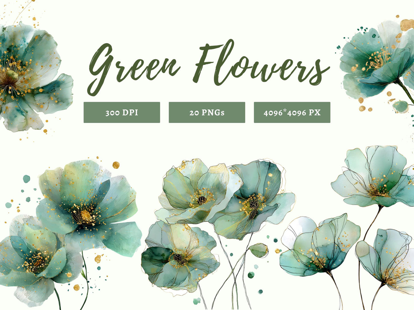 Grüne Blumen-Clipart-Sammlung (PNG), Aquarell-Clipart grüner Blumen, Saga-Clipart grüner Blumen, abstrakte Clipart grüner Blumen, mintgrüne Clipart (PNG)