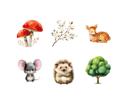 Ensemble d'images clipart d'animaux de la forêt à l'aquarelle, images clipart d'animaux mignons de la forêt (PNG), animaux de la forêt (PNG), animaux de la forêt (PNG), images clipart d'animaux mignons (PNG)