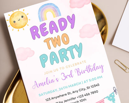 Einladung zum 2. Geburtstag mit Regenbogen-Sonne-Motiv: Bearbeitbare Vorlage (Digitaler Download)
