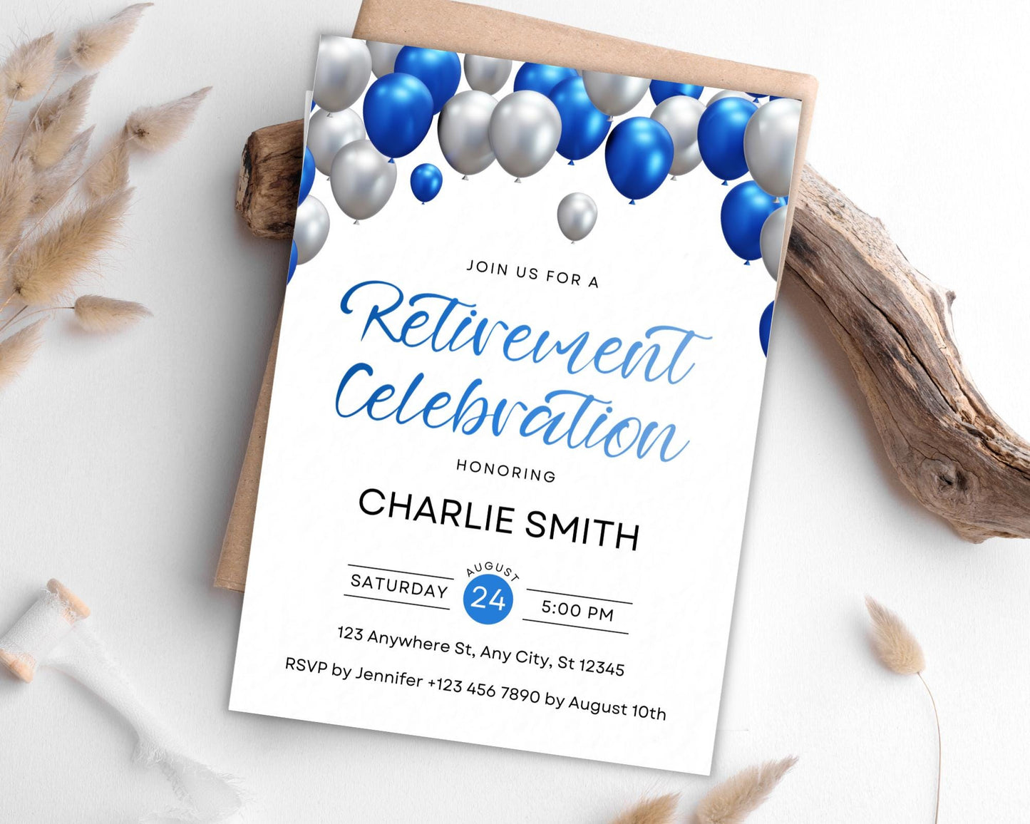 Retirement Party Invitation, Blue Silver Balloon Celebration, Printable Farewell Invitation, Editable Template, Honoring Retiree
