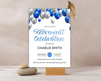 Retirement Party Invitation, Blue Silver Balloon Celebration, Printable Farewell Invitation, Editable Template, Honoring Retiree
