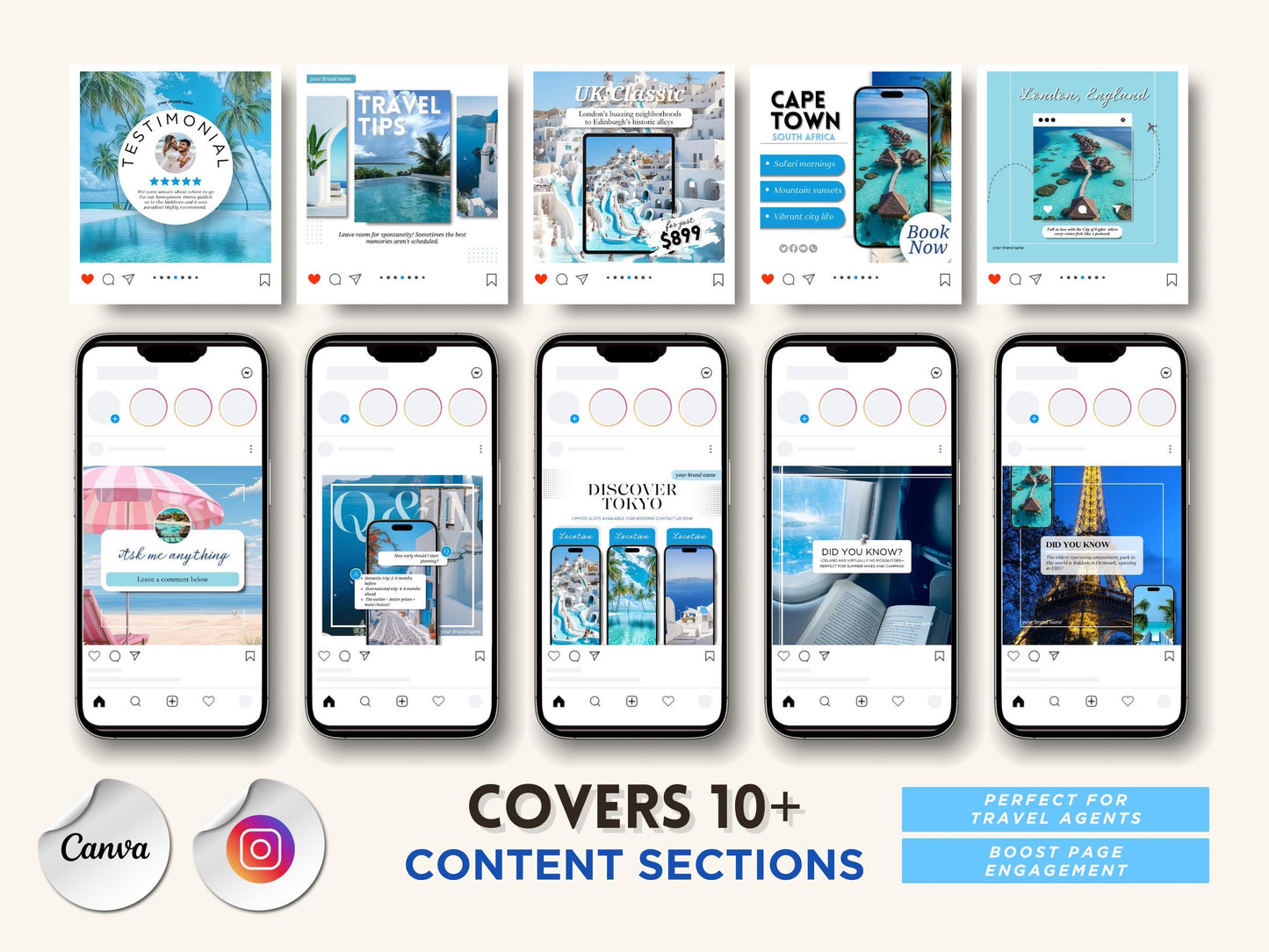 Travel Agent Social Media Template Bundle | 85+Canva Editable Instagram Posts | Digital Download | 1080x1080px