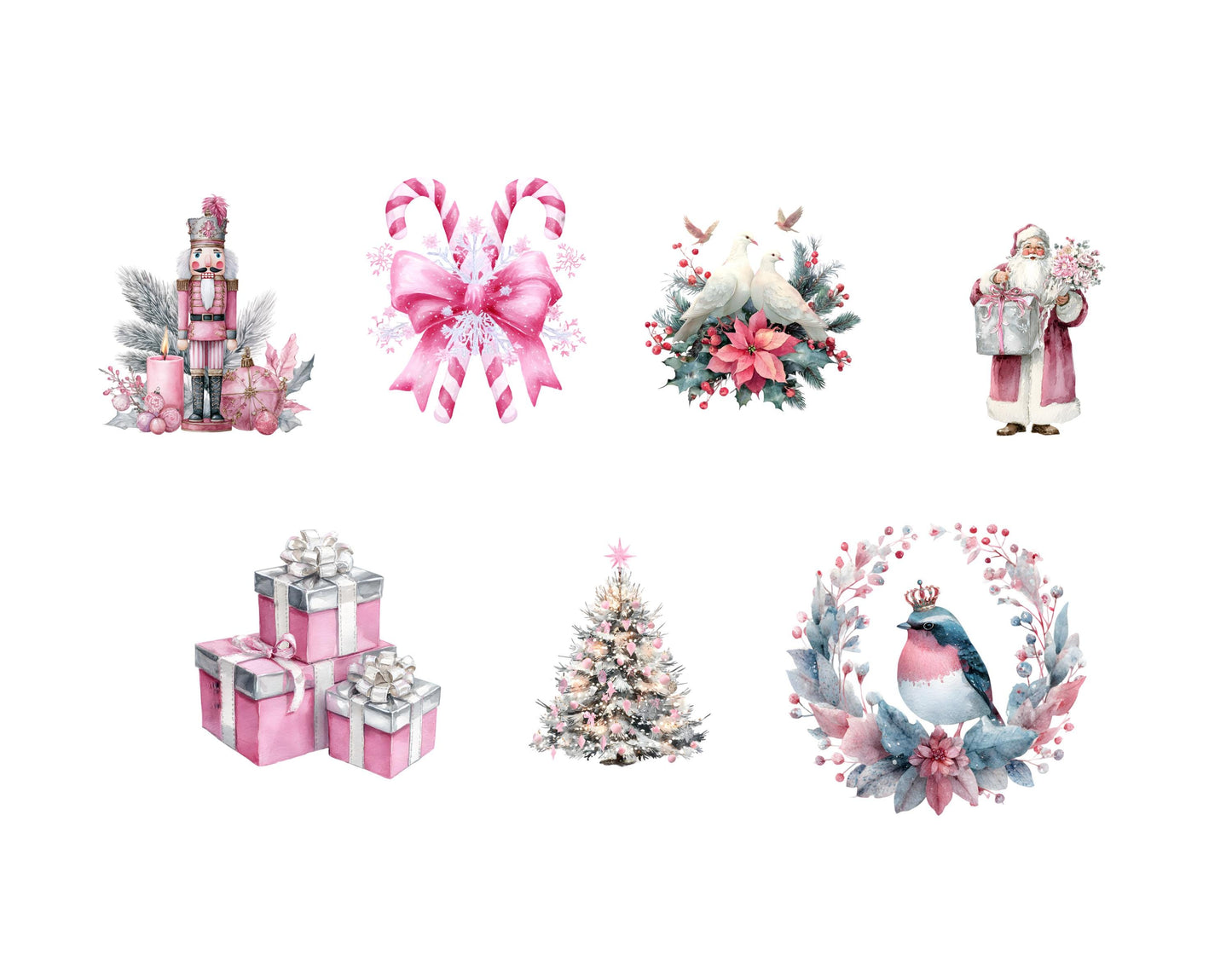 Watercolor Silver Christmas Clipart Bundle, Pastel Christmas Elements Clipart png Bundle, Pink Christmas Clipart, Christmas Decor Clipart