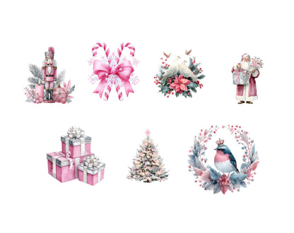 Watercolor Silver Christmas Clipart Bundle, Pastel Christmas Elements Clipart png Bundle, Pink Christmas Clipart, Christmas Decor Clipart