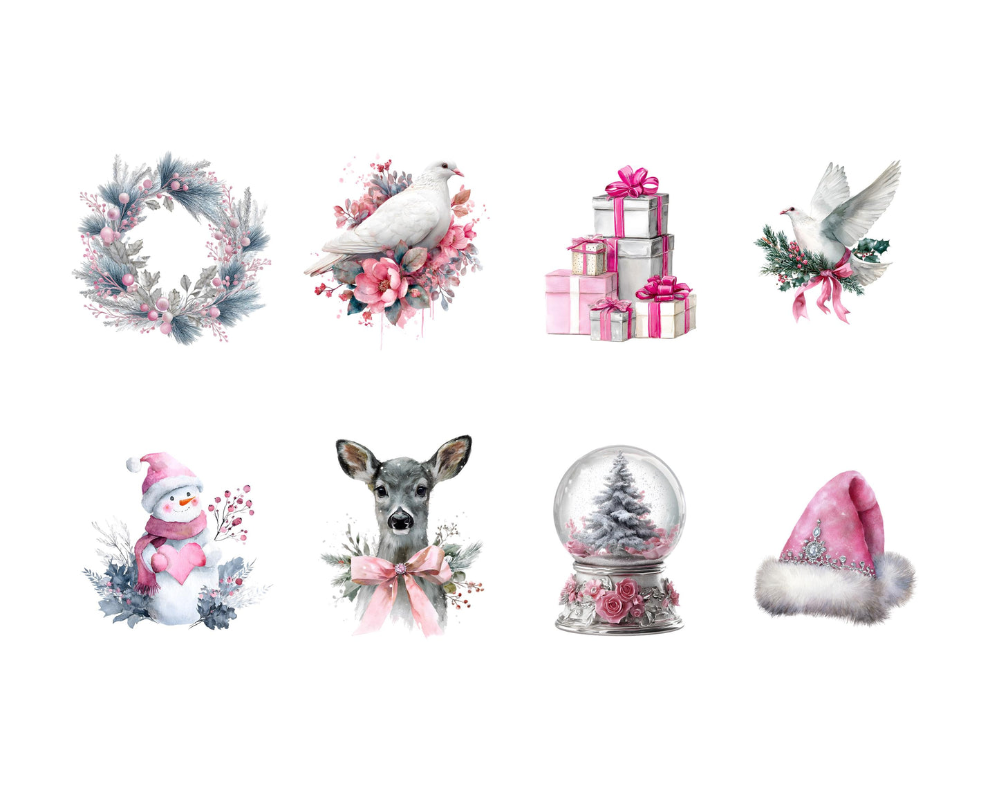 Watercolor Silver Christmas Clipart Bundle, Pastel Christmas Elements Clipart png Bundle, Pink Christmas Clipart, Christmas Decor Clipart