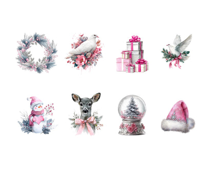 Watercolor Silver Christmas Clipart Bundle, Pastel Christmas Elements Clipart png Bundle, Pink Christmas Clipart, Christmas Decor Clipart