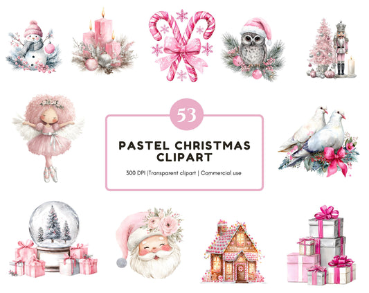 Watercolor Silver Christmas Clipart Bundle, Pastel Christmas Elements Clipart png Bundle, Pink Christmas Clipart, Christmas Decor Clipart