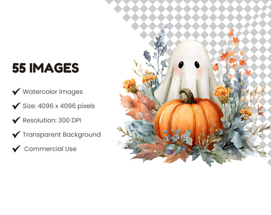 Fall Ghost Clipart png Bundle, Vintage Fall Ghost Clipart Bundle, Watercolor Ghost Clipart png, Ghost And Flowers Clipart, Halloween Clipart