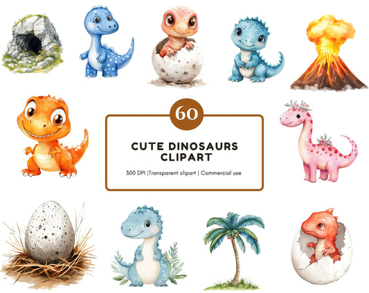 Dinosaur Clipart Bundle png, Cute Dinosaur Clipart, Dino Clipart png, Watercolor Dinosaur Clipart png, Baby Shower, Dino Birthday Clipart