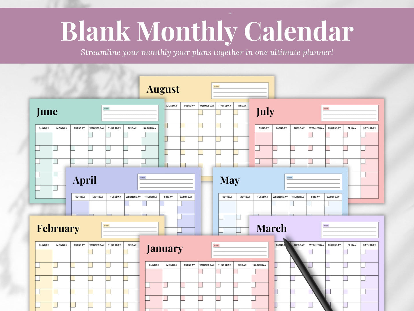 Editable Monthly Calendar Canva | Undated Printable Planning Template | 2026 Blank Monthly Calendar | Instant Download