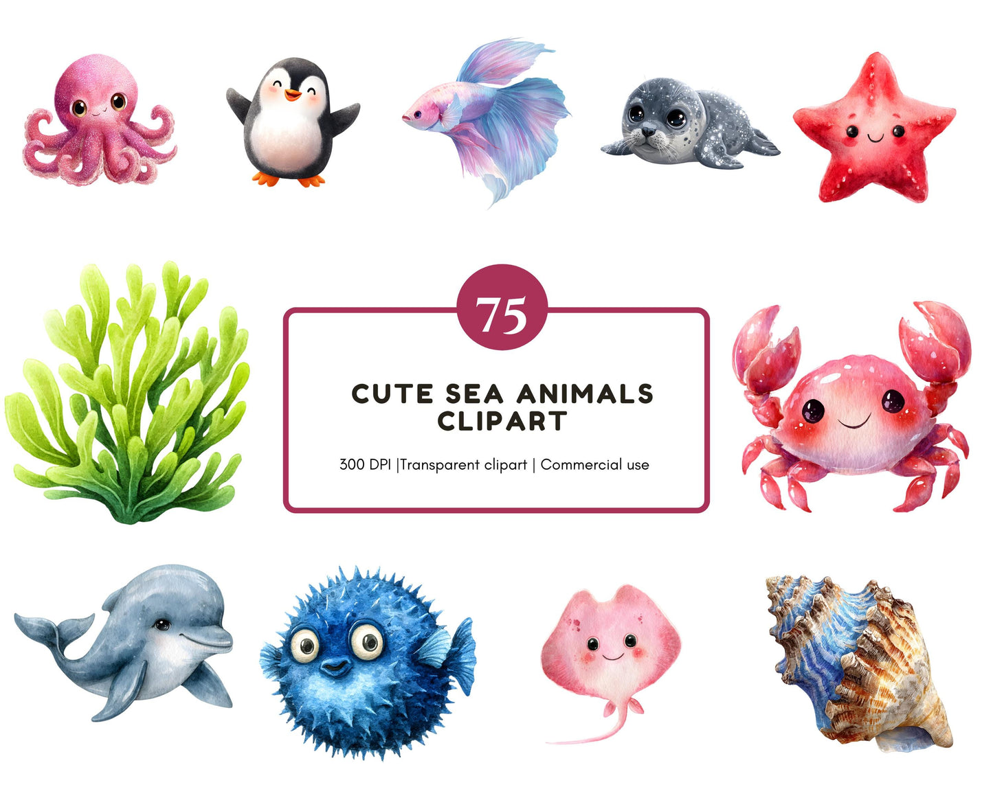 Aquarell-Meerestiere-Clipart (PNG), Niedliches Meerestiere-Clipart-Bundle (PNG), Unterwasserwelt-Clipart, Meerestiere-Clipart (PNG), Niedliche Ozeantiere (PNG)
