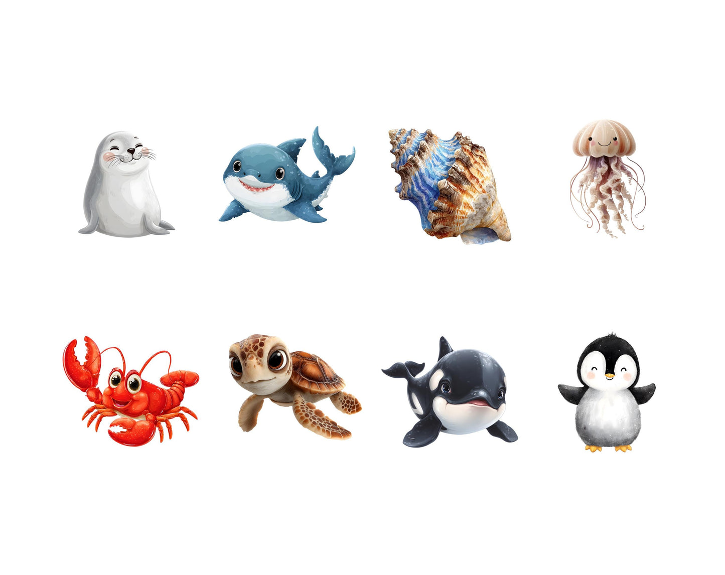 Aquarell-Meerestiere-Clipart (PNG), Niedliches Meerestiere-Clipart-Bundle (PNG), Unterwasserwelt-Clipart, Meerestiere-Clipart (PNG), Niedliche Ozeantiere (PNG)