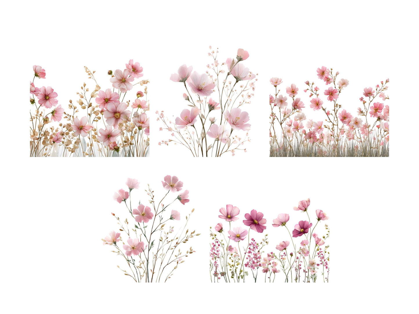 Aquarell-Blumen-Clipart-Bundle (PNG), Zartrosa Blumen-Clipart, Blumen-Clipart, Blumen-PNG, Rosa Blumen-Clipart, Wildblumen-Clipart