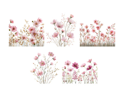 Aquarell-Blumen-Clipart-Bundle (PNG), Zartrosa Blumen-Clipart, Blumen-Clipart, Blumen-PNG, Rosa Blumen-Clipart, Wildblumen-Clipart