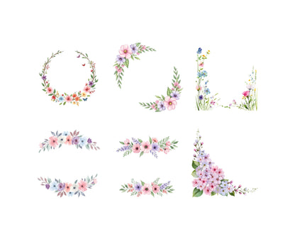 Watercolor Flowers Frame Border Clipart png Bundle, Frames Border Spring Flower Clipart, Floral Frame png, Flowers Clipart, Spring Flower