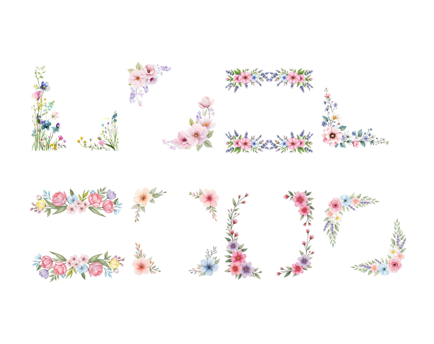 Watercolor Flowers Frame Border Clipart png Bundle, Frames Border Spring Flower Clipart, Floral Frame png, Flowers Clipart, Spring Flower