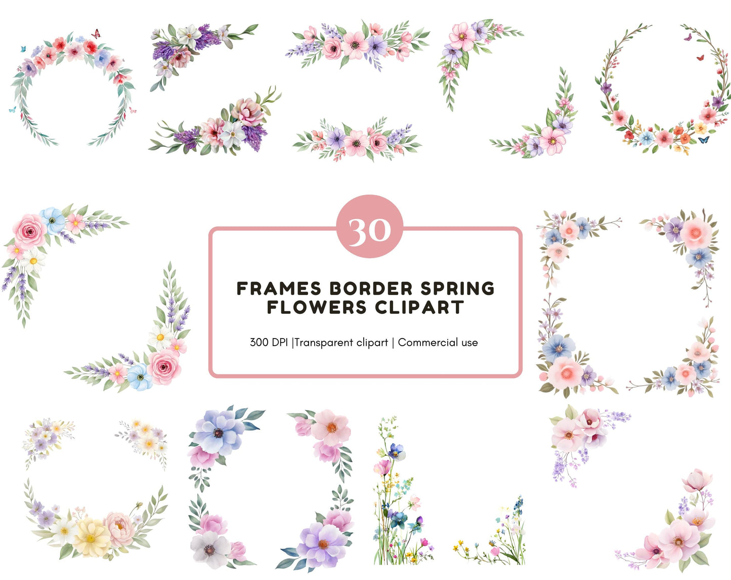 Watercolor Flowers Frame Border Clipart png Bundle, Frames Border Spring Flower Clipart, Floral Frame png, Flowers Clipart, Spring Flower