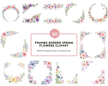 Watercolor Flowers Frame Border Clipart png Bundle, Frames Border Spring Flower Clipart, Floral Frame png, Flowers Clipart, Spring Flower