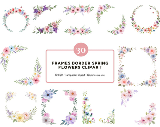 Watercolor Flowers Frame Border Clipart png Bundle, Frames Border Spring Flower Clipart, Floral Frame png, Flowers Clipart, Spring Flower
