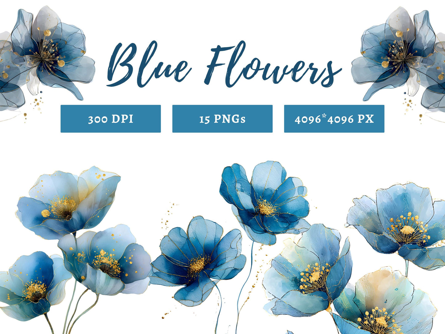 15 Abstract Flower Clipart, Watercolor Flower Bundle png, Blue Flower Clipart, Abstract Flower png, High Quality Flower png, Paper Craft
