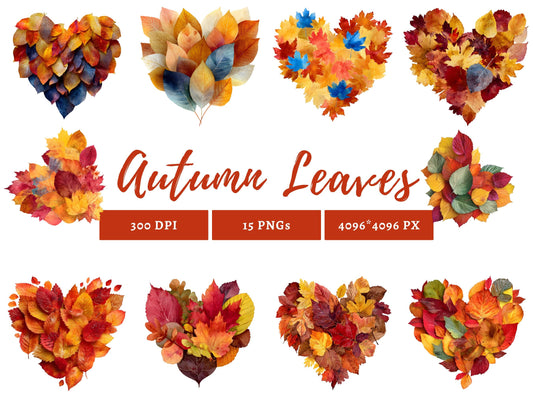 Autumn Leaves Heart Clipart png Bundle, Autumn Leaves Clipart, Watercolor Autumn Leaves png, Fall Leaves Heart Clipart, Fall Leaves Clipart