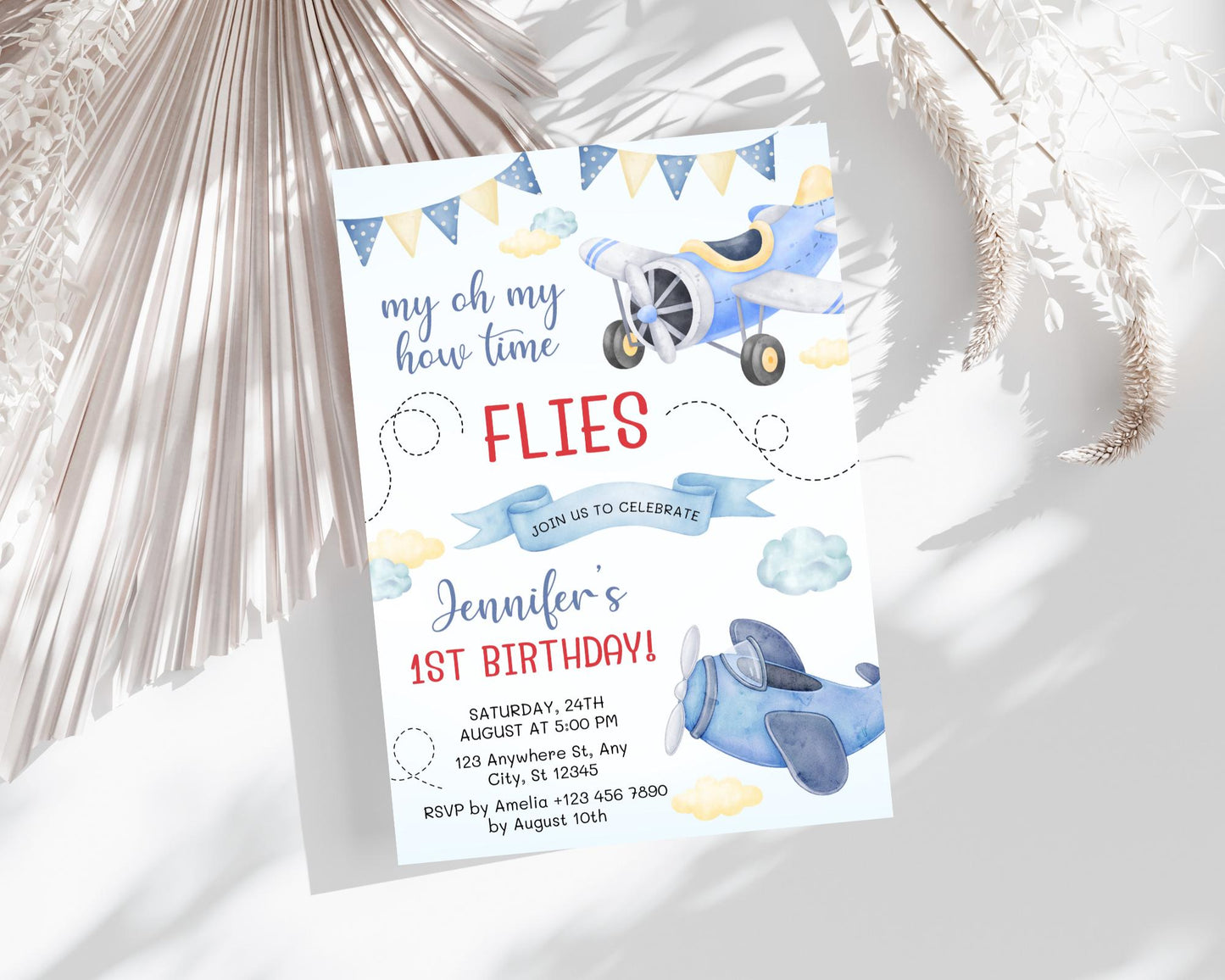 Airplane 1st Birthday Invitation, Aviation Party, Editable Template (Instant Download)