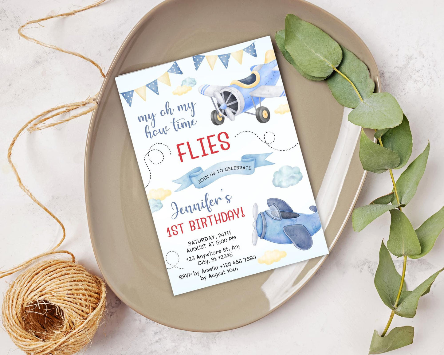 Airplane 1st Birthday Invitation, Aviation Party, Editable Template (Instant Download)