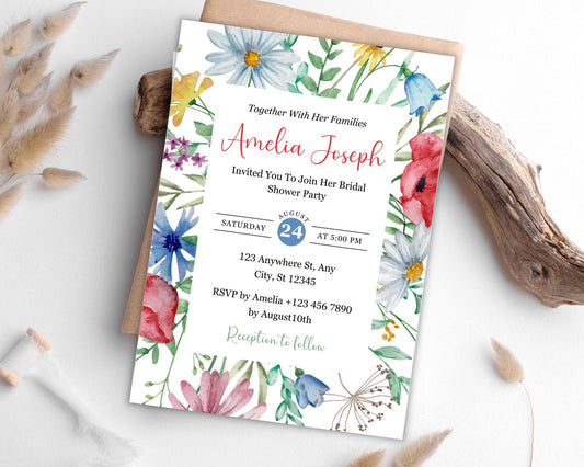 Wildflower Birthday Invitation, Rustic Floral Party, Editable Template (Instant Download)