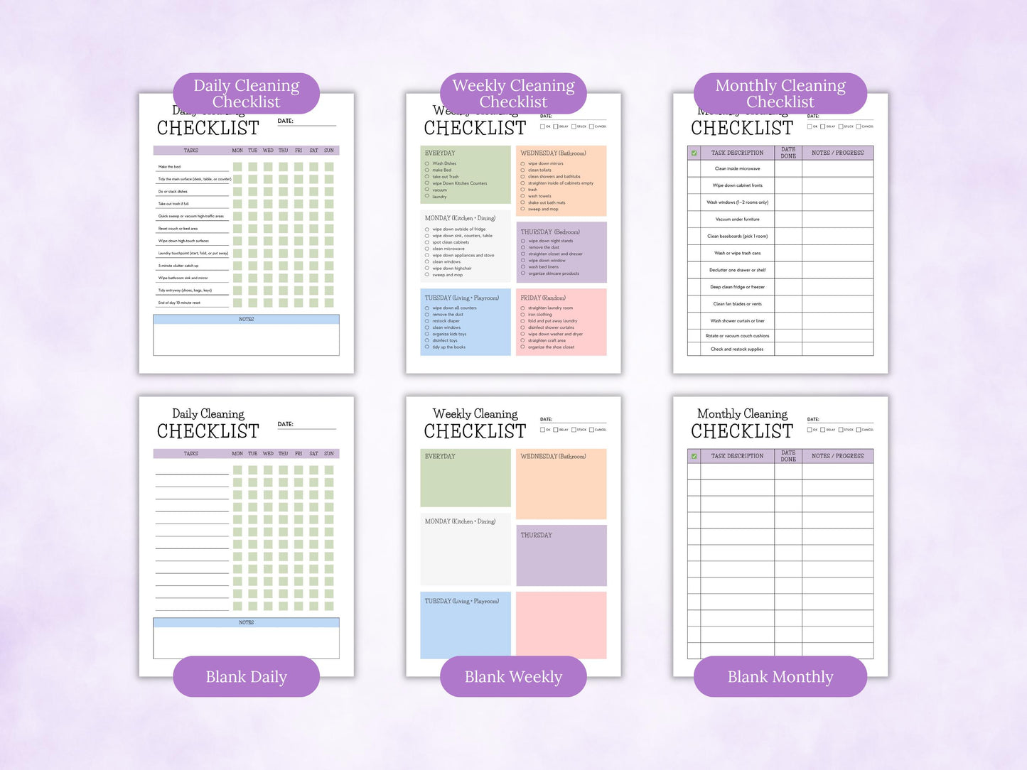 Planificateur de liste de contrôle de nettoyage pour les personnes atteintes de TDAH, stratégies de nettoyage modifiables (PDF)
