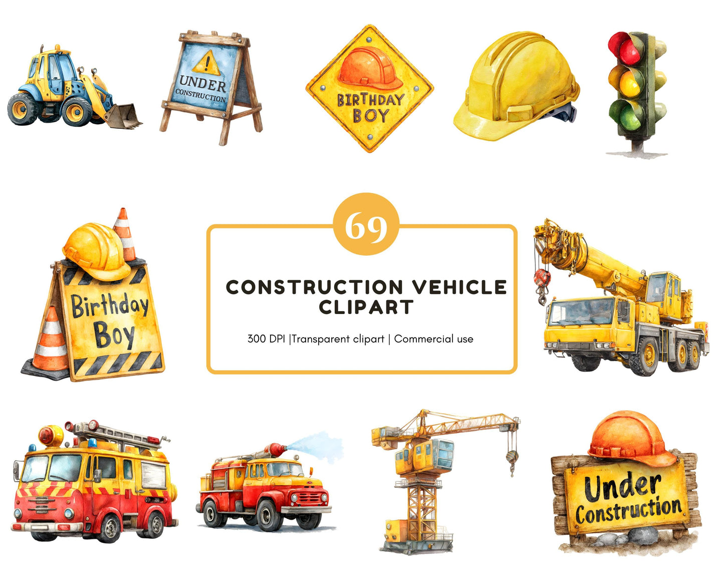 69 Construction Vehicle Clipart Bundle, Construction Vehicle png, Watercolor Vehicle Clipart, Construction Birthday, Birthday Party Decor