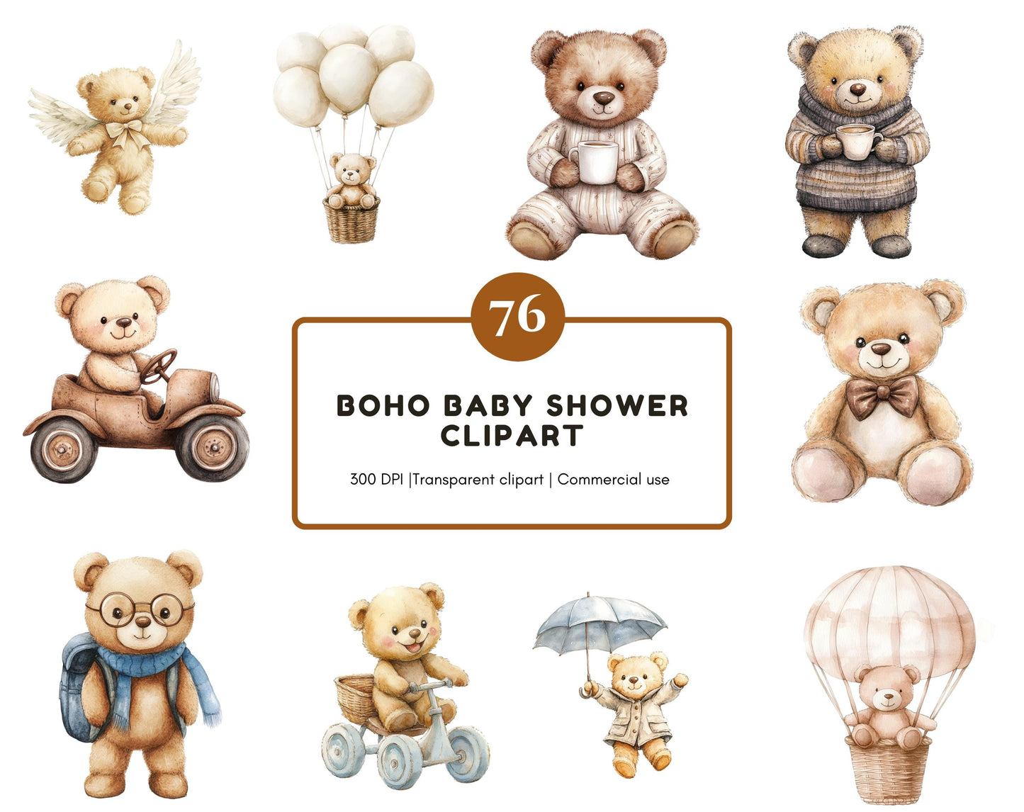 Boho Baby Shower Clipart Bundle, Watercolor Boho Baby Shower Clipart, Teddy Bear Clipart, Teddy Bear Baby Shower Clipart, Bunny Baby Shower