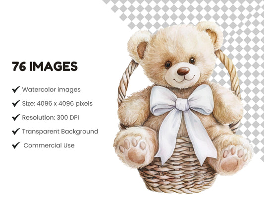 Boho Baby Shower Clipart Bundle, Watercolor Boho Baby Shower Clipart, Teddy Bear Clipart, Teddy Bear Baby Shower Clipart, Bunny Baby Shower