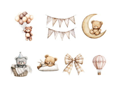 Boho Baby Shower Clipart Bundle, Watercolor Boho Baby Shower Clipart, Teddy Bear Clipart, Teddy Bear Baby Shower Clipart, Bunny Baby Shower