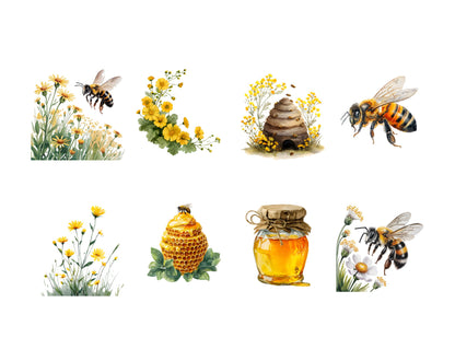 Watercolor Bee Clipart png Bundle, Bees And Wildflower Clipart, Honeycomb Clipart, Floral Wreath Clipart, Bee Clipart, Honey Bee Clipart