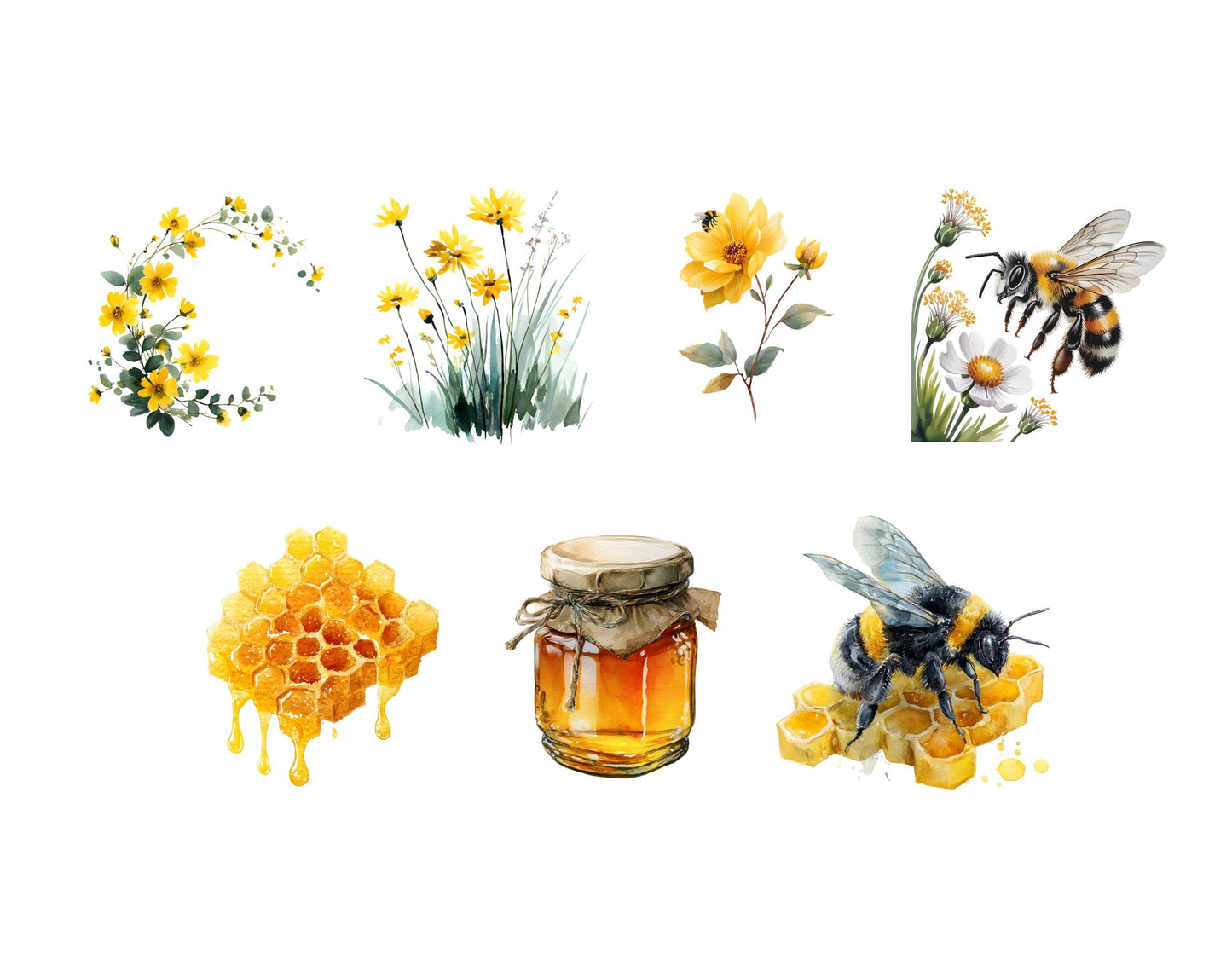 Watercolor Bee Clipart png Bundle, Bees And Wildflower Clipart, Honeycomb Clipart, Floral Wreath Clipart, Bee Clipart, Honey Bee Clipart