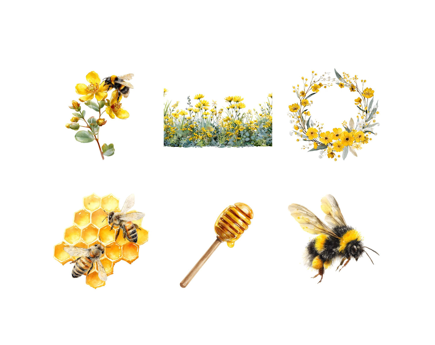 Watercolor Bee Clipart png Bundle, Bees And Wildflower Clipart, Honeycomb Clipart, Floral Wreath Clipart, Bee Clipart, Honey Bee Clipart