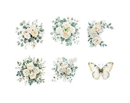 Watercolor White Rose Clipart Bundle, Eucalyptus Clipart png, White Rose And Eucalyptus Clipart, Wedding Floral Clipart, Rose Bouquet png