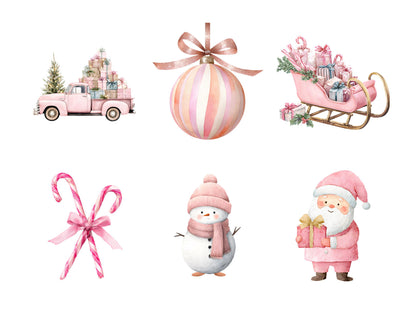 Pink Christmas Clipart Bundle, Watercolor Pink Christmas Clipart, Pink Christmas png, Christmas Clipart, Santa Clipart, Cozy Christmas