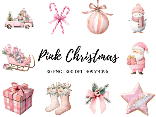 Pink Christmas Clipart Bundle, Watercolor Pink Christmas Clipart, Pink Christmas png, Christmas Clipart, Santa Clipart, Cozy Christmas