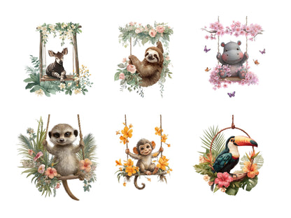 Cliparts von Tierbabys auf Schaukeln, niedlichen Tierbabys auf Schaukeln, Safari-Tier-Cliparts, niedlichen Tierbabys, Tieren auf Schaukeln