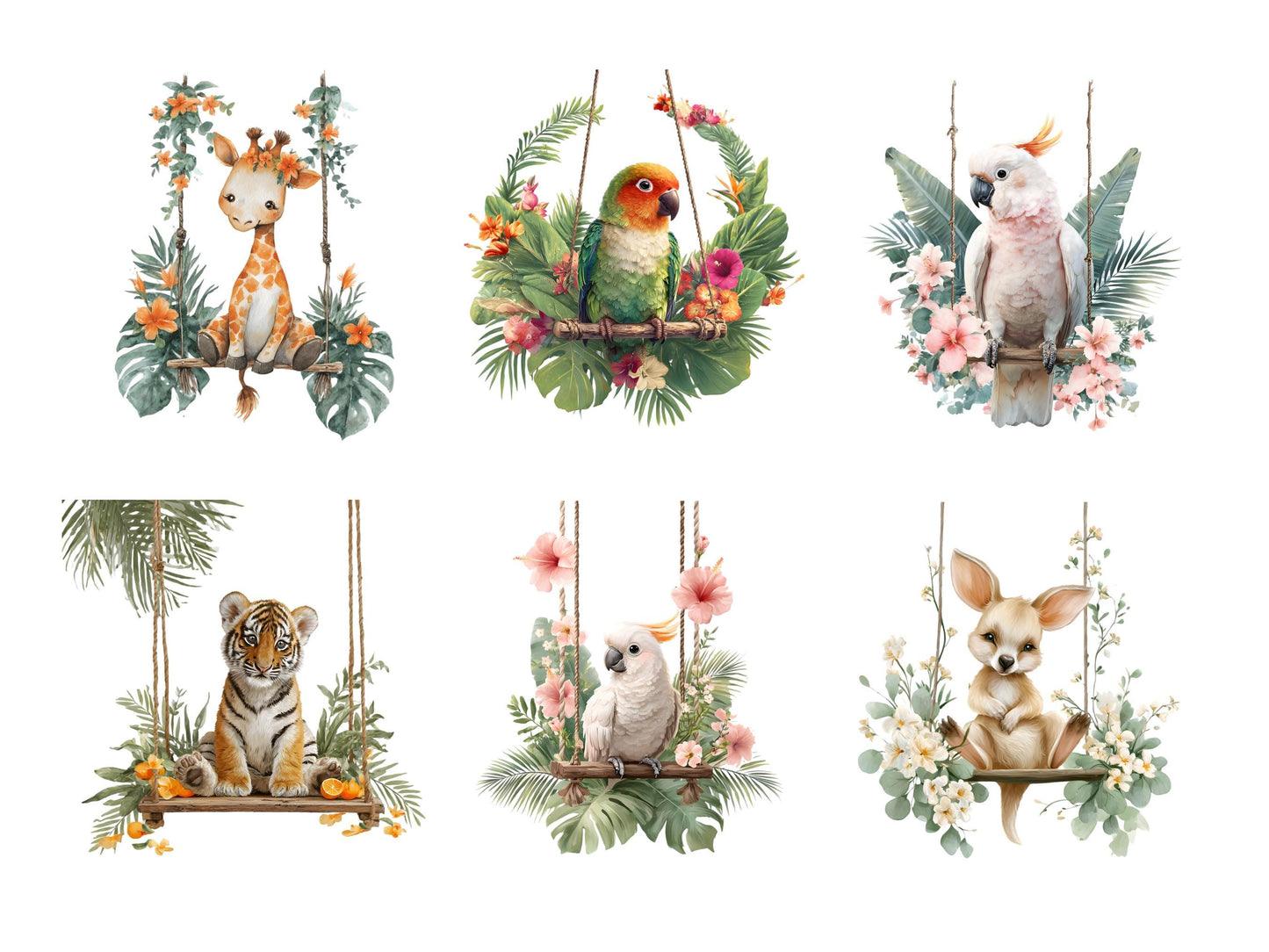 Cliparts von Tierbabys auf Schaukeln, niedlichen Tierbabys auf Schaukeln, Safari-Tier-Cliparts, niedlichen Tierbabys, Tieren auf Schaukeln