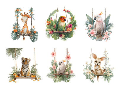Cliparts von Tierbabys auf Schaukeln, niedlichen Tierbabys auf Schaukeln, Safari-Tier-Cliparts, niedlichen Tierbabys, Tieren auf Schaukeln