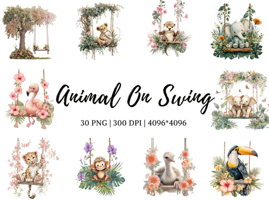 Baby Animal Swing Clipart, Cute Baby Animal On Swings Clipart, Safari Animal Clipart, Cute Baby Animal Clipart, Animals On Swings Clipart